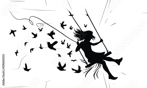 Silhouette of Girl Swinging Joyfully with Birds in Flight