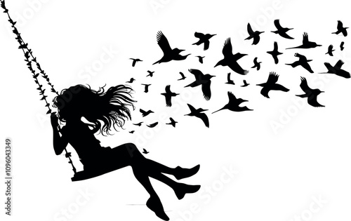 Silhouette of Girl Swinging Joyfully with Birds in Flight photo