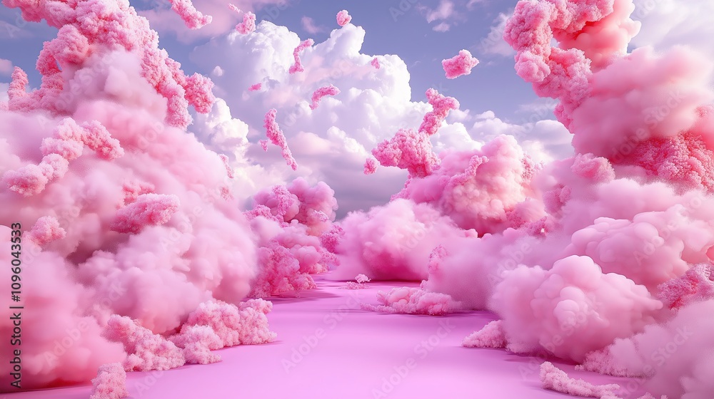 Fototapeta premium Fluffy cotton candy clouds in a surreal pink and lavender sky.
