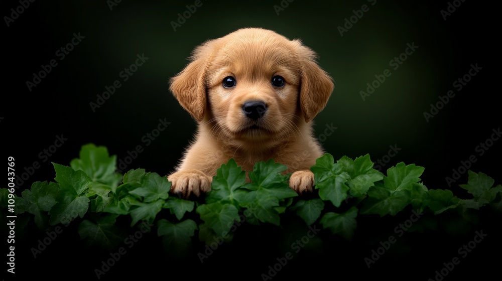 Golden Retriever Puppy Peeking Through Leaves Golden Retriever Puppy Peeking Through Leaves
