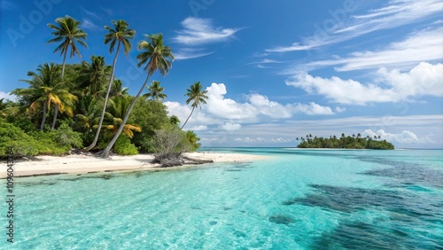 Palm trees and crystal clear waters on a beautiful tropical island, , palm trees, tropical landscape, tropical island