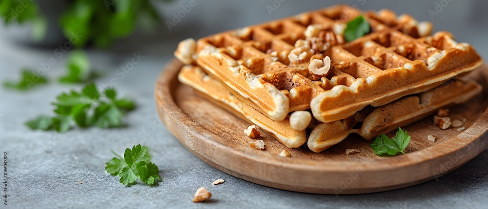 A plate of waffles topped with nuts and garnished with fresh herbs. A plate of waffles topped with nuts and garnished with fresh herbs.