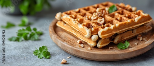 A plate of waffles topped with nuts and garnished with fresh herbs.