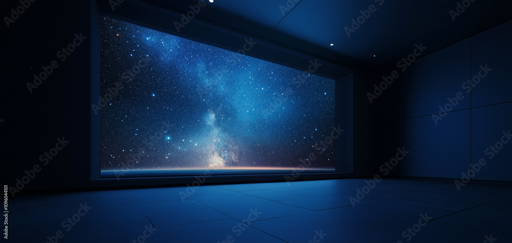 A dark blue square room with an open window showing the Milky Way galaxy, Earth in space, and stars. A flat wall on one side of the room has an LED screen displaying a starry sky. 
