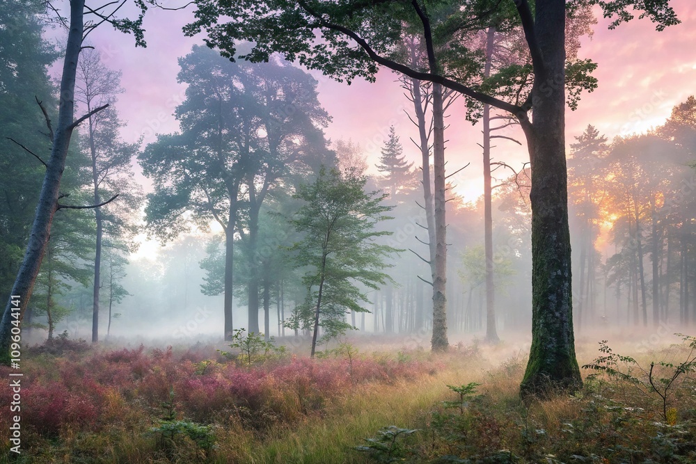 Obraz premium Pastel hues of colorful mist dance across the forest floor on a serene morning surrounded by towering trees with leaves still wet from dew, nature, serene, trees, colorful mist, foliage