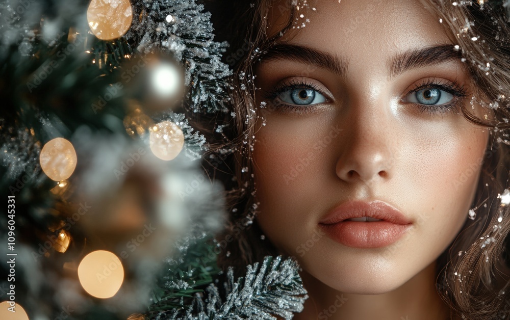 a close-up portrait of beautiful woman on black christmas background 
