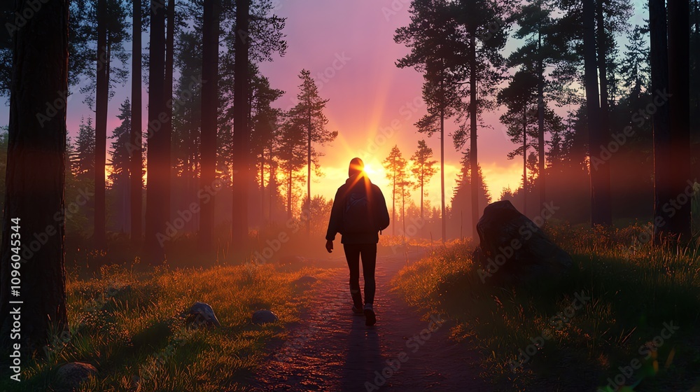 A peaceful scene of a person walking through a forest trail at sunrise A peaceful scene of a person walking through a forest trail at sunrise