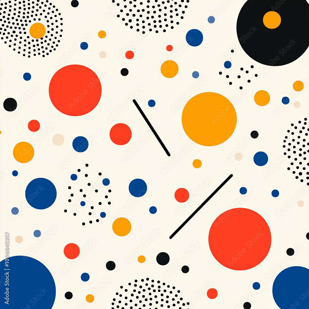 Bright and colorful abstract pattern featuring various circles and dots in red, blue, yellow, and black on light background, creating playful and dynamic visual effect Bright and colorful abstract pattern featuring various circles and dots in red, blue, yellow, and black on light background, creating playful and dynamic visual effect