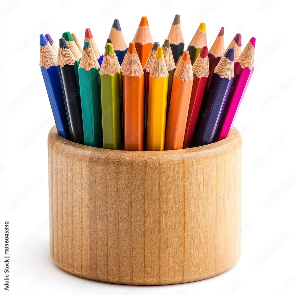 A wooden container filled with colorful pencils, ideal for drawing and artistic activities. A wooden container filled with colorful pencils, ideal for drawing and artistic activities.