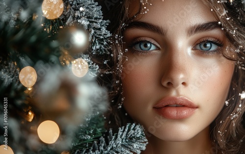 a close-up portrait of beautiful woman on black christmas background 