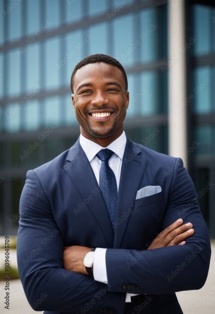 Headshot shows an accomplished CEO in a business suit, wearing spectacles, smiling warmly, with his arms crossed, dark skin tone, and a polished appearance captured in a studio setting with a blurred 