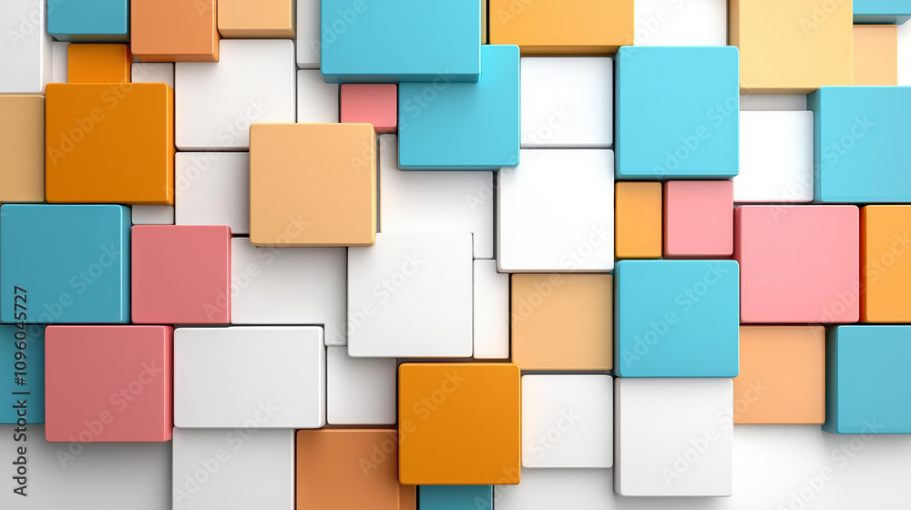 Colorful 3D mosaics with various shapes and vibrant colors create lively and modern aesthetic. This design features blue, orange, pink, and white squares arranged artistically Colorful 3D mosaics with various shapes and vibrant colors create lively and modern aesthetic. This design features blue, orange, pink, and white squares arranged artistically