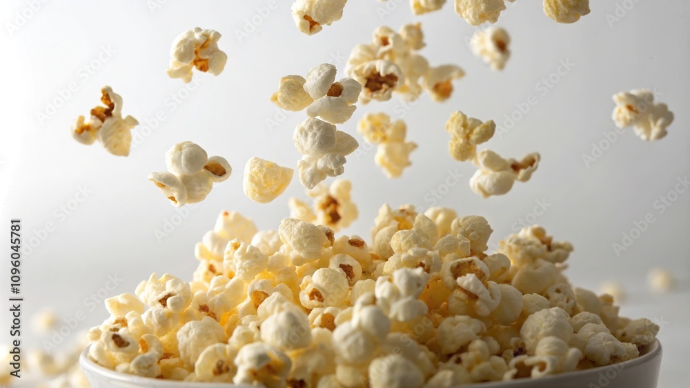 Popped kernels suspended in mid-air, curled edges, light airy feel, mid air suspension, gentle movement, soft focus photography Popped kernels suspended in mid-air, curled edges, light airy feel, mid air suspension, gentle movement, soft focus photography