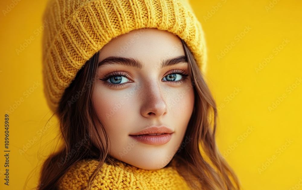 a close-up portrait of beautiful woman on yellow christmas background a close-up portrait of beautiful woman on yellow christmas background