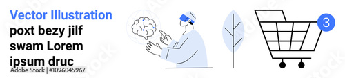 Man using VR headset for brain simulation, minimalistic leaf symbol, shopping cart with notification bubble. Ideal for technology, environment, e-commerce, digital transformation, consumer behavior