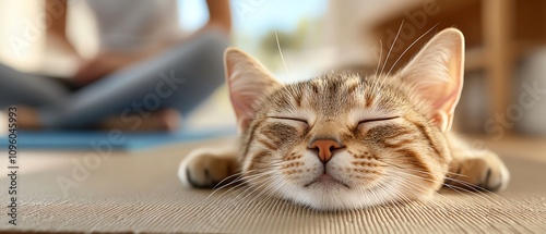 A pet cat stretching on a yoga mat while someone practices beside it photo