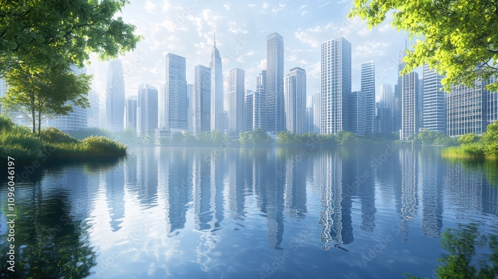 Obraz premium tranquil urban oasis with minimalist cityscape reflecting on calm water surface