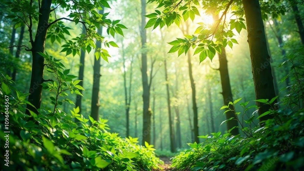Fototapeta premium dense green forest with soft light on a sunny day
