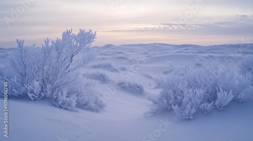  snow-covered desert landscape with frozen sand dunes ,  surreal winter scene