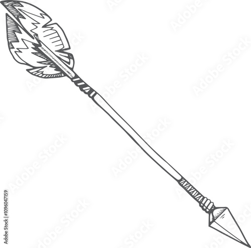Boho arrow sketch. Native weapon decorative drawing