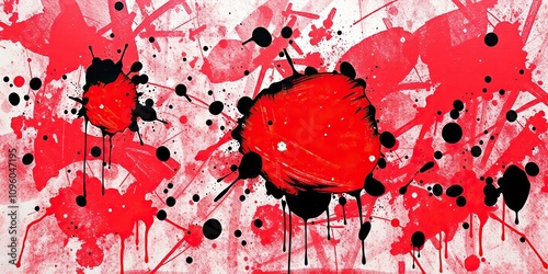 Red canvas with messy black paint splatSplattered black and red paint on canvas, abstract design, splattered paint, black and red photo