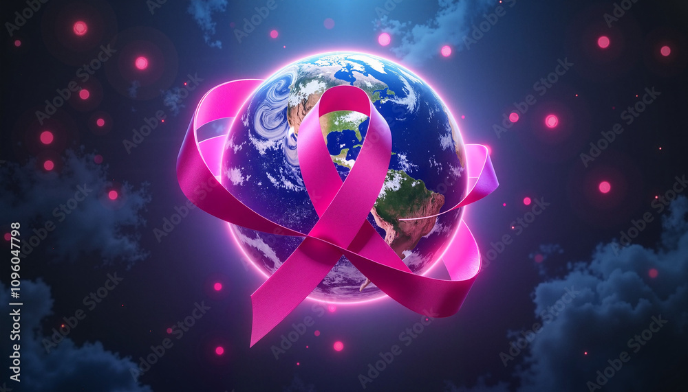 Naklejka premium World Cancer Day banner with pink ribbon and confetti