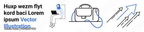 Business woman using laptop, briefcase icon, growth arrows. Ideal for business presentations, marketing materials, corporate websites, financial reports, startup pitches, educational content