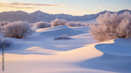  snow-covered desert landscape with frozen sand dunes ,  surreal winter scene