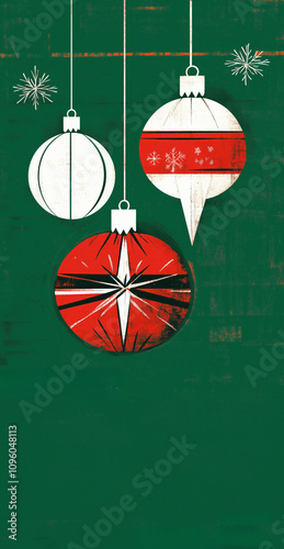Vintage minimalist illustration of three Christmas ornaments