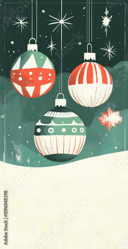 Vintage minimalist illustration of three Christmas ornaments