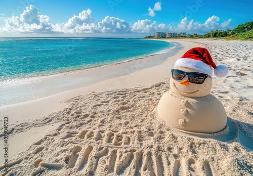 Cheerful Sandman in Sunglasses and Santa Hat on a Tropical Beach with Crystal Clear Water, Blue Skies, and Soft White Sand for Holiday Vibes