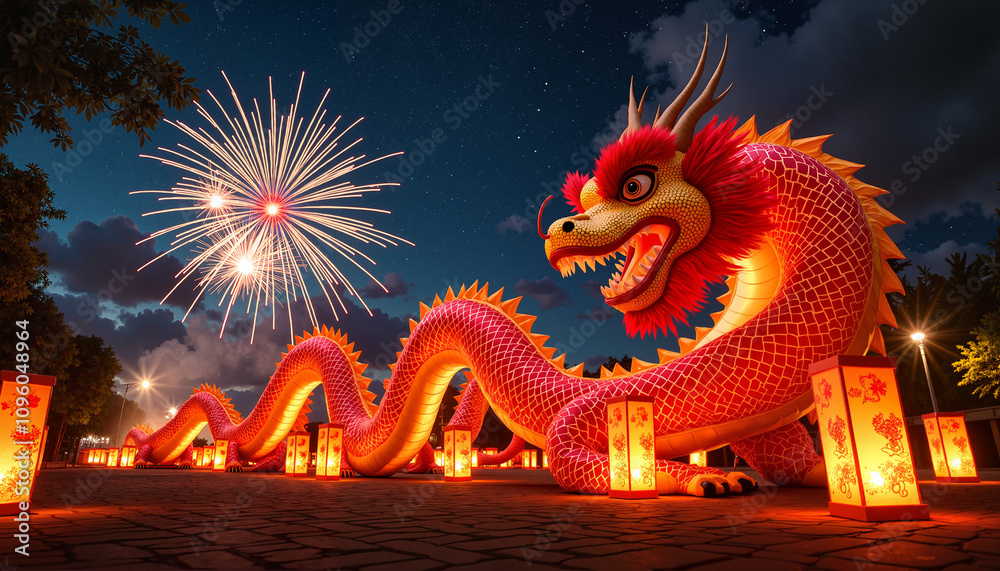 Obraz premium Red lanterns and dragon in nighttime celebration