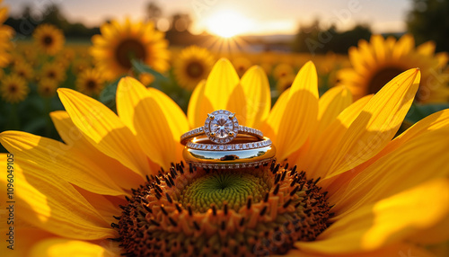Engagement ring on a sunflower at sunset