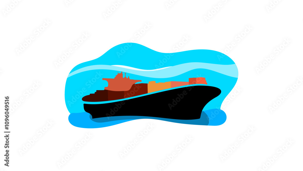 cargo ship in the ocean, flat color illustration cargo ship in the ocean, flat color illustration