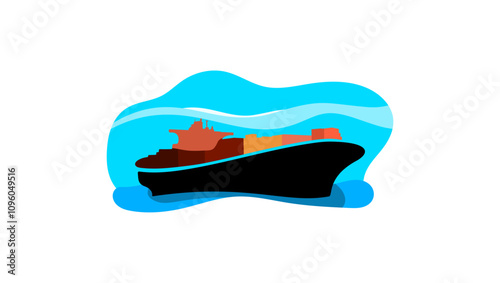 cargo ship in the ocean, flat color illustration