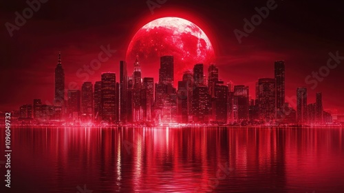A futuristic city illuminated by red lights under a vivid red moon, Design a futuristic cityscape against a vibrant red background