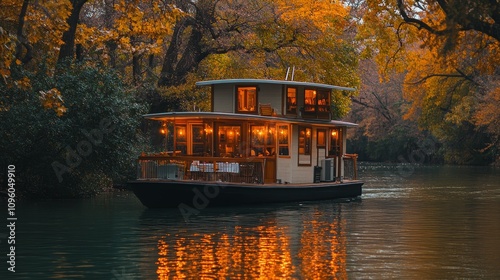 Scenic Autumn Houseboat Navigating Serene River Waters