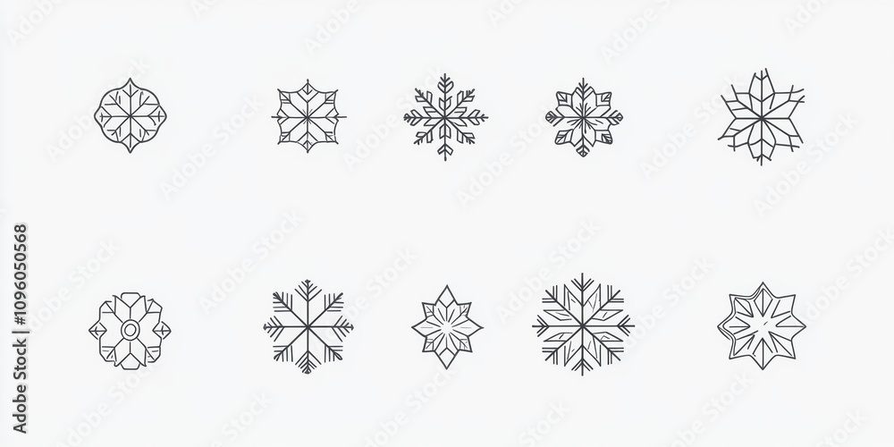 Collection of Decorative Black and White Snowflake Illustrations Featuring Unique Patterns for Winter Themes and Holiday Designs in a Minimalist Style Collection of Decorative Black and White Snowflake Illustrations Featuring Unique Patterns for Winter Themes and Holiday Designs in a Minimalist Style