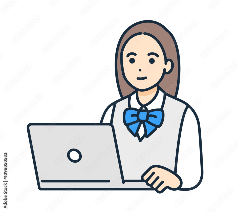 シンプルな女の子のベクターイラスト素材。パソコンで勉強する女子高生。 シンプルな女の子のベクターイラスト素材。パソコンで勉強する女子高生。