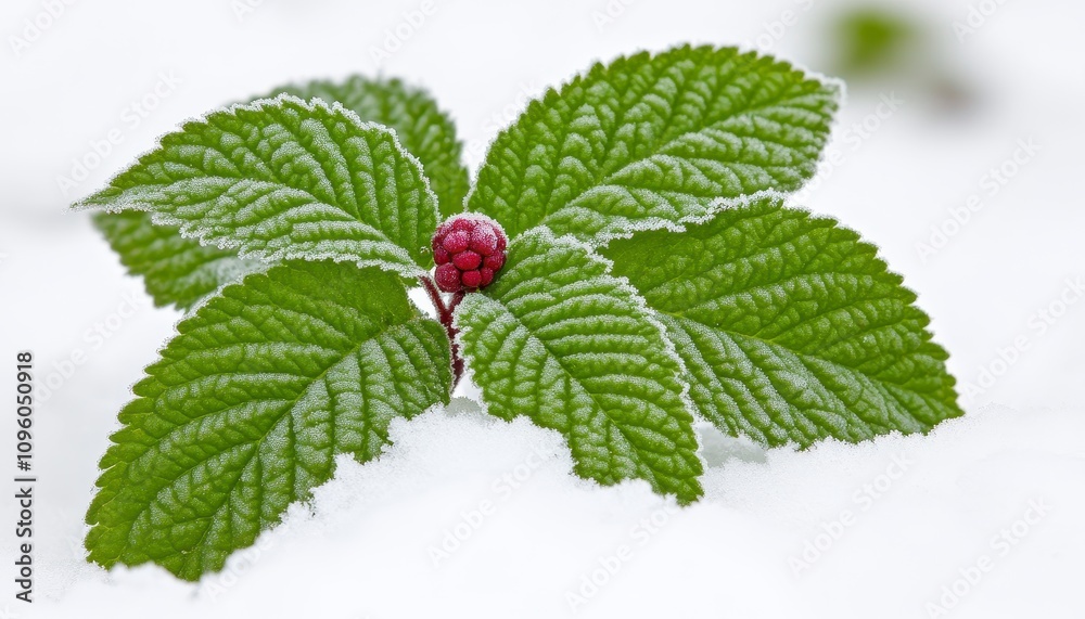 Frosty red berry sprout in winter snow. Frosty red berry sprout in winter snow.