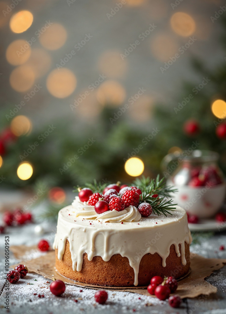 Cake topped with icing and fresh berries Cake topped with icing and fresh berries