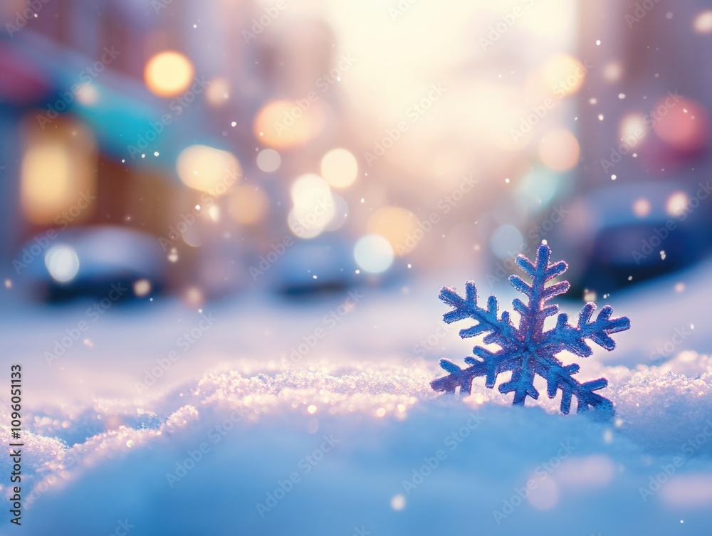 Captivating Close-Up of a Snowflake on a Snowy Surface with a Dreamy Winter Background and Soft Colorful Bokeh Effect Captivating Close-Up of a Snowflake on a Snowy Surface with a Dreamy Winter Background and Soft Colorful Bokeh Effect