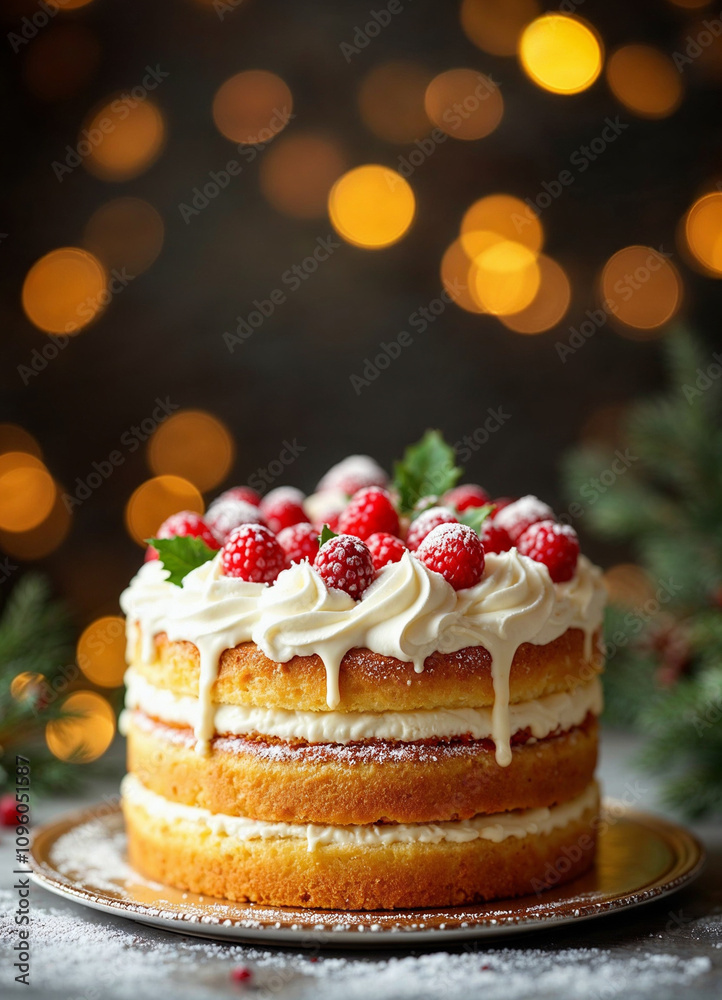 Close-up of a frosted cake topped with berries on a plate. Close-up of a frosted cake topped with berries on a plate.
