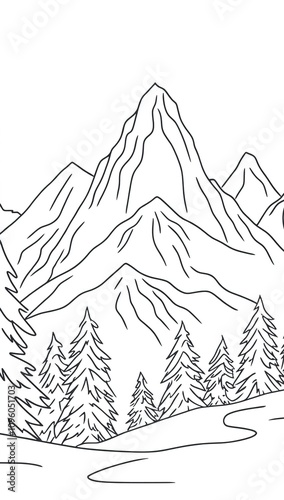 A simple line drawing of the top view of an alpine mountain range with trees at its base photo