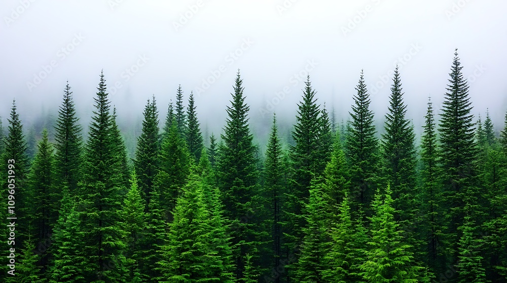 Lush Green Pine Forest with Tall Trees Surrounded by Mist, Capturing the Beauty of Nature and the Tranquility of a Foggy Landscape in the Wilderness Lush Green Pine Forest with Tall Trees Surrounded by Mist, Capturing the Beauty of Nature and the Tranquility of a Foggy Landscape in the Wilderness