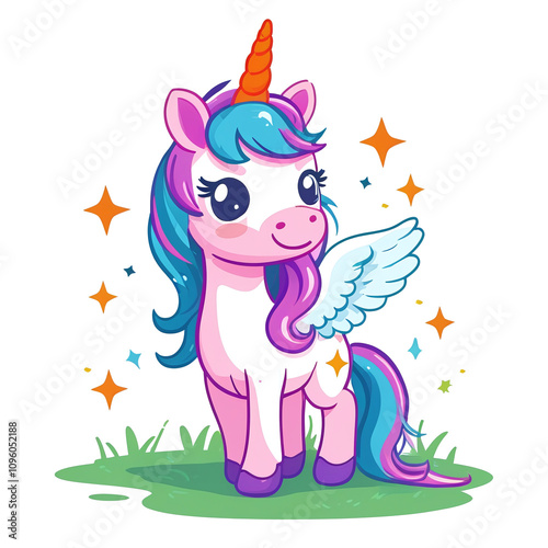 Colorful unicorn with wings in a playful pose. Generative AI