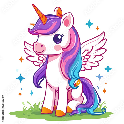 Colorful unicorn with wings in a playful pose. Generative AI