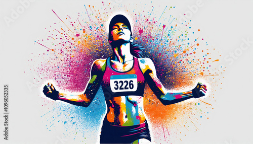 Female runner crossing finish line, vibrant splashes, victorious expression