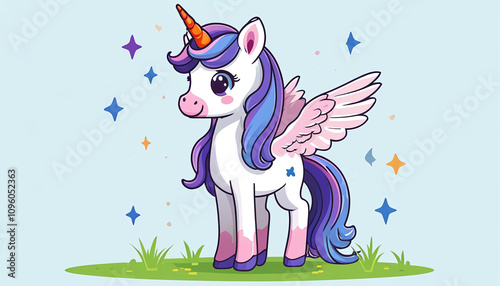 Colorful unicorn with wings in a playful pose. Generative AI