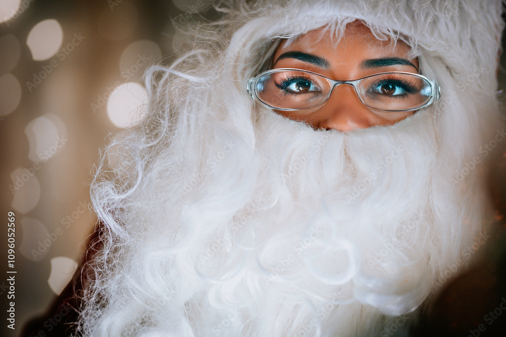 Close-up of a person dressed as Santa Claus, with glasses, a white beard, and expressive eyes, set against a bokeh-lit festive background.
Close-up of a person dressed as Santa Claus, with glasses, a white beard, and expressive eyes, set against a bokeh-lit festive background.
